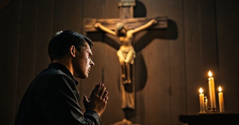 Pocieszony seminarianz modli się przed krzyżem w tradycyjnym kościele katolickim