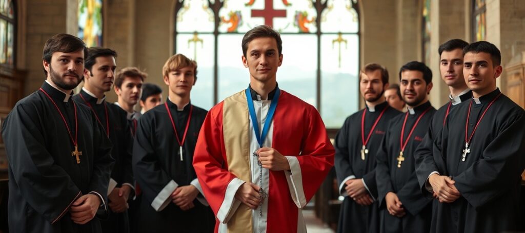 Seminarianzy w tradycyjnych szatach kościelnych stojący w kaplicy z witrażami, trzymający krzyż i różaniec – symbolizujący prawdziwe powołanie kapłańskie.