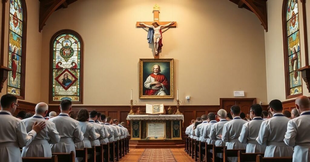 Uroczy salon seminarium z dużą krucyfiksem i witrażem przedstawiającym Trójcę Świętą. Klerycy modlą się przed tablicą z wyrytym Symbolem Nicejskim.