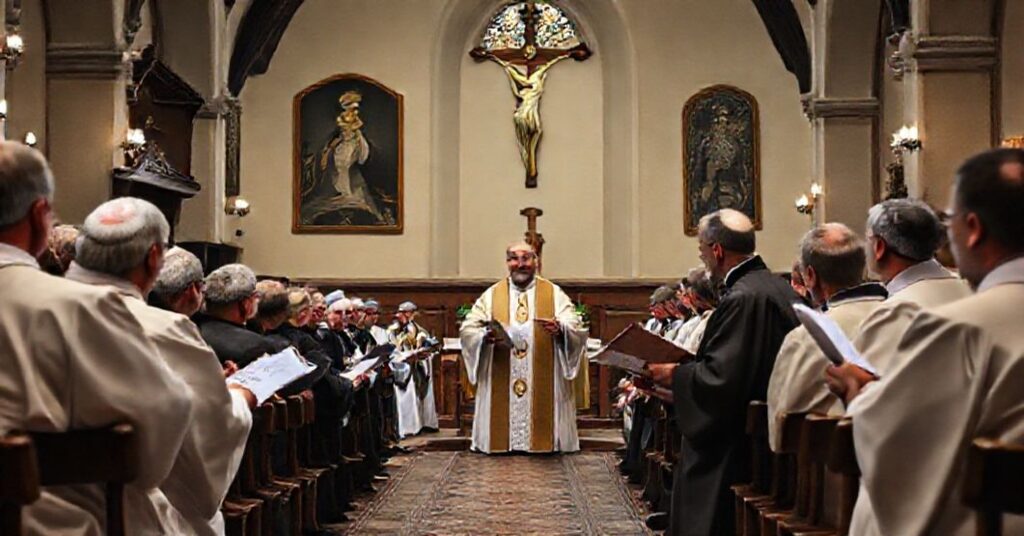 Scena w kościele podczas seminarium o radach parafialnych ekonomicznych. Bp Damian Bryl przemawia do zebranej grupy księży i wiernych.