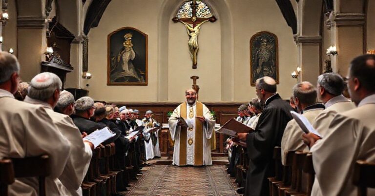 Scena w kościele podczas seminarium o radach parafialnych ekonomicznych. Bp Damian Bryl przemawia do zebranej grupy księży i wiernych.