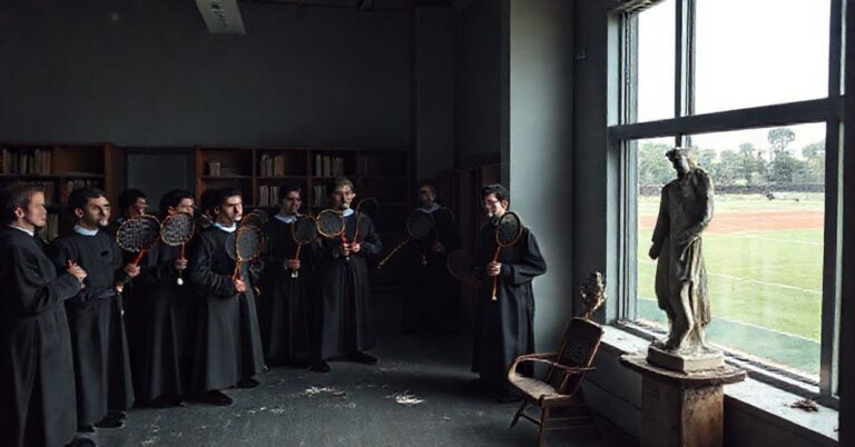 Seminarium duchowne z półpustą kaplicą i seminarianami trzymającymi rakietki do tenisa, symbolizując kryzys powołań