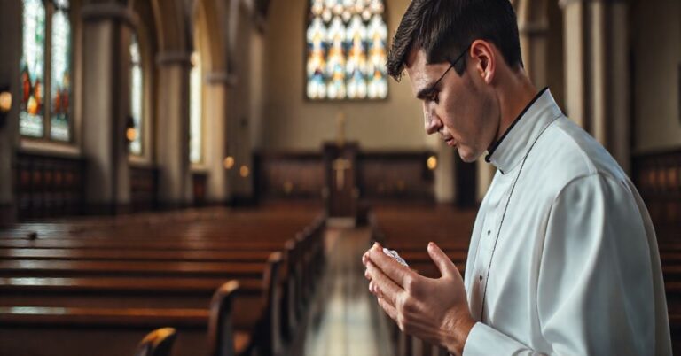Seminaryjny duchowny modli się w tradycyjnym kościele, ukazując powagę i wiarę zgodną z katolicką tradycją