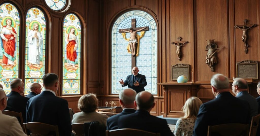 Obraz przedstawiający tradycyjny katolicki seminarium z 'abp.' Henrykiem Jagodzińskim na wykładzie o dyplomacji watykańskiej w Afryce.