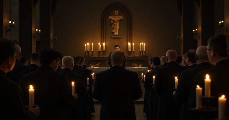 Pustka duchowa w krakowskim seminarium: seminarzyści w tradycyjnych sutannach modlą się w ciemnej kaplicy podczas homilii "abpa" Marka Jędraszewskiego.