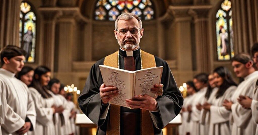 Sedevacantist kapłan w tradycyjnych szatach przed ołtarzem w kaplicy seminarium z młodymi seminarianami w modlitwie. Kapłan trzyma dokument 'A Fidelity That Generates the Future' anty-papieża Leona XIV.