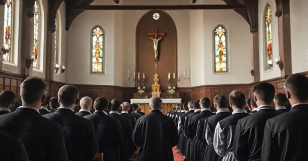 Grupa seminarianów w szatach liturgicznych modli się w kaplicy seminarium w tradycyjnym stylu katolickim.