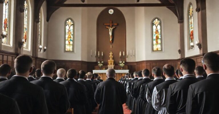 Grupa seminarianów w szatach liturgicznych modli się w kaplicy seminarium w tradycyjnym stylu katolickim.