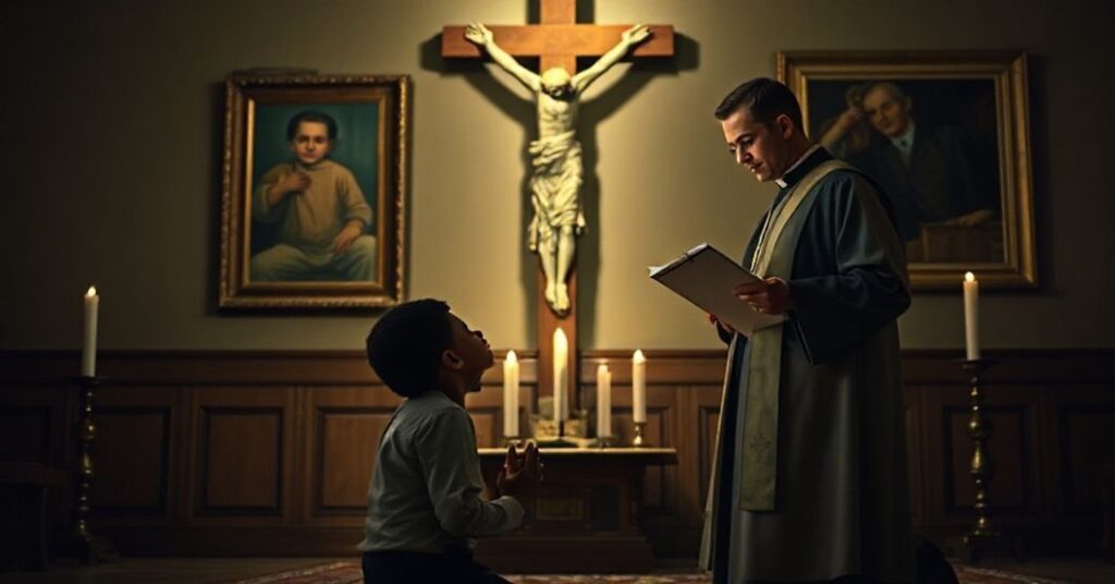 Młody seminarian modli się przed krzyżem w tradycyjnym kościele katolickim podczas spotkania duszpasterskiego