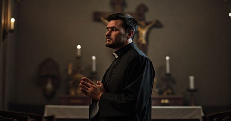 Stary rycerski seminariusz w kapelszanie modli się przed tabernakulum w ciemnej kaplicy