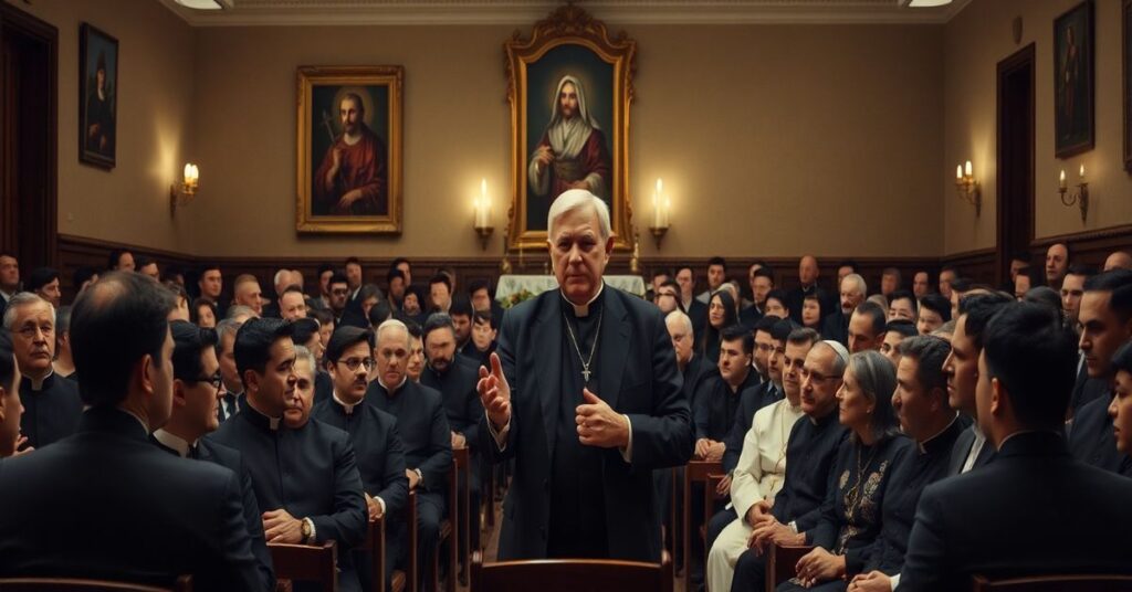 Świątynia seminarium z teologiem Andrésem Torresem Queirugą wygłaszającym wykład negujący Zmartwychwstanie Chrystusa przed zszokowanymi alumnami