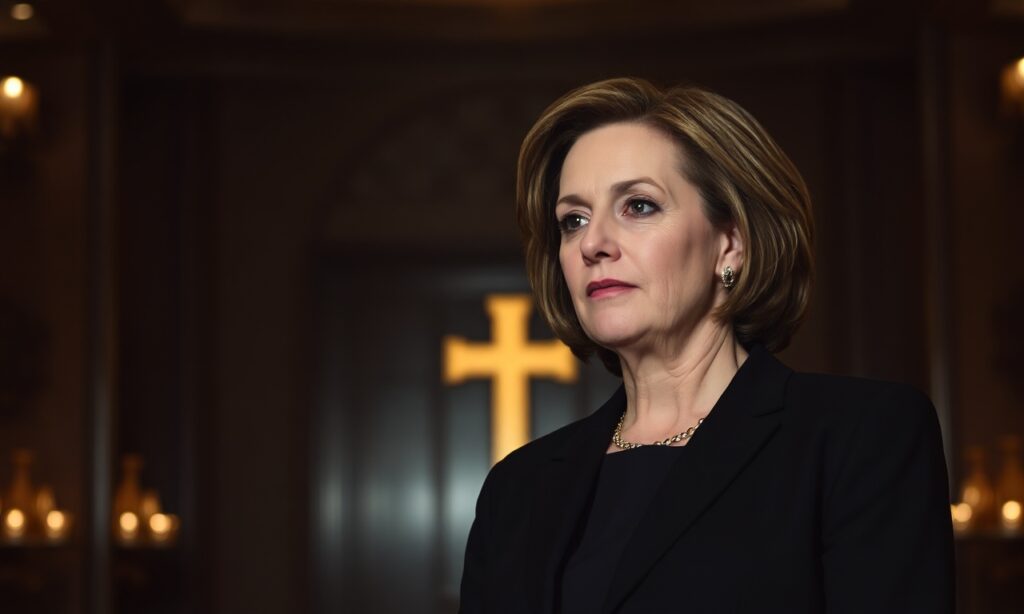 Zdjęcie senator Deb Fischer stojącej w reprezentacyjnym wnętrzu z elementami logotypu aplikacji Grindr w tle.