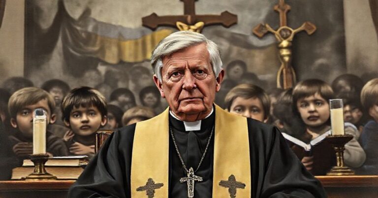 Obraz przedstawiający senatora Lindsaya Grahama w katolickim kontekście, z tłem ukraińskich dzieci w potrzebie, podkreślający moralne i teologiczne aspekty kryzysu.