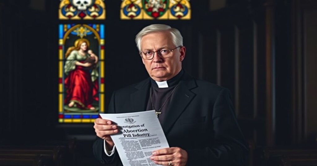 Senator Jim Banks stoi w tradycyjnym wnętrzu kościoła z dokumentem o badaniu przemysłu pigułek aboracyjnych na tle witrażu przedstawiającego Zwiastowanie