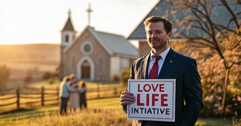 Senator Josh Hawley przed tradycyjnym kościołem katolickim trzymając tablicę z hasłem "Inicjatywa Miłości Życia", na tle rodziny modlącej się na wsi.
