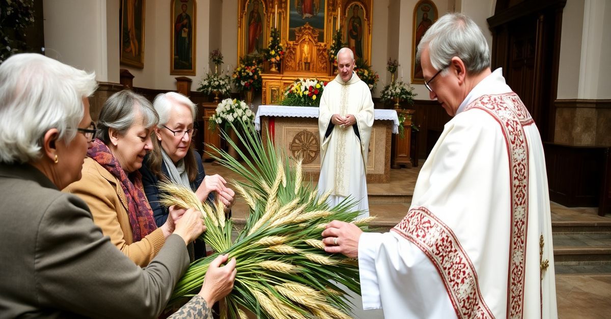 Seniorzy z Głogowa tworzą wielkanocną palmę - tradycyjna symbolika katolicka Grupa seniorów z parafii św. Mikołaja w Głogowie tworzy wielkanocną palmę w tradycyjnym kościele katolickim