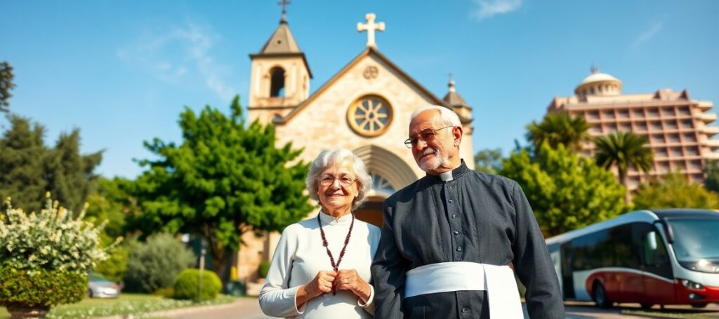 Seniorzy w tradycyjnym stroju katolickim stoją przy wejściu do starożytnego kościoła otoczonego zielenią i niebem. W tle widoczne są współczesne autobusy turystyczne i luksusowy hotel.