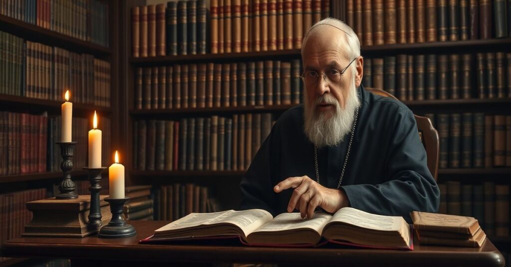 Stary sedevacantysta teolog analizuujący prawdziwy sensus fidei w tradycyjnej bibliotece katolickiej