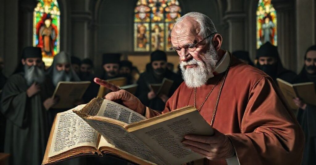Prawnik katolicki trzymający Septuagintę i wskazujący na rabinów z tekstami masoreckimi w wnętrzu katedry.