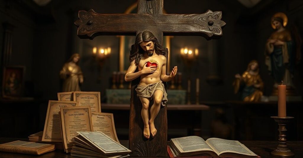 Tradycyjny wizerunek Serca Jezusa z antycznym krzyżem w kościele katolickim