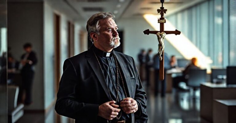 Człowiek trzymający różaniec w biurowym korporacyjnym otoczeniu z krzyżem na ścianie.