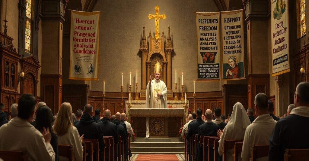 Tradycyjne sanktuarium z msza świętą w Kaliszu, gdzie biskup Damian Bryl wygłasza homilię w obecności seminarianów.