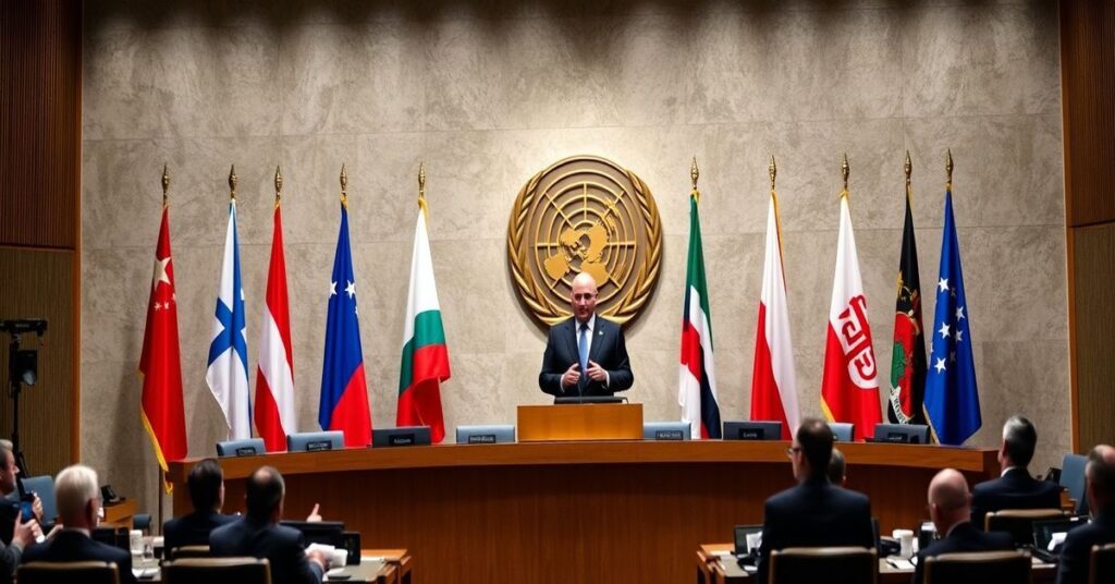 Obraz przedstawiający sesję Radzie Bezpieczeństwa ONZ z 25 lutego 2026 roku, gdzie polski ambasador Krzysztof Szczerski przemawia na temat ataków hybrydowych na Polskę. Scena podkreśla braku odniesienia do katolickiej nauki o Królewstwie Chrystusa w międzynarodowej dyplomacji.