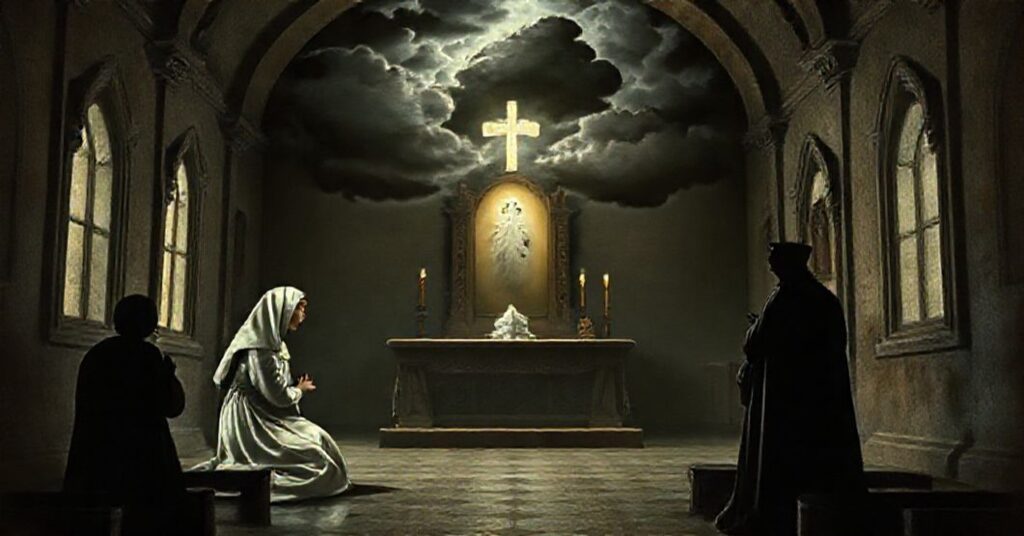 Scena przedstawiająca rzekome objawy w Pontevedrze w 1925 roku z siostrą Łucją w modlitwie przed pustym ołtarzem