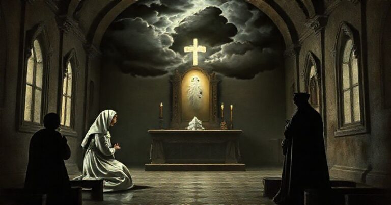 Scena przedstawiająca rzekome objawy w Pontevedrze w 1925 roku z siostrą Łucją w modlitwie przed pustym ołtarzem