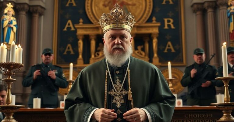 Arcybiskup Sviatoslav Shevchuk podczas liturgii w świątecznym stroju kościelnym z symbolicznym tłem wojennym