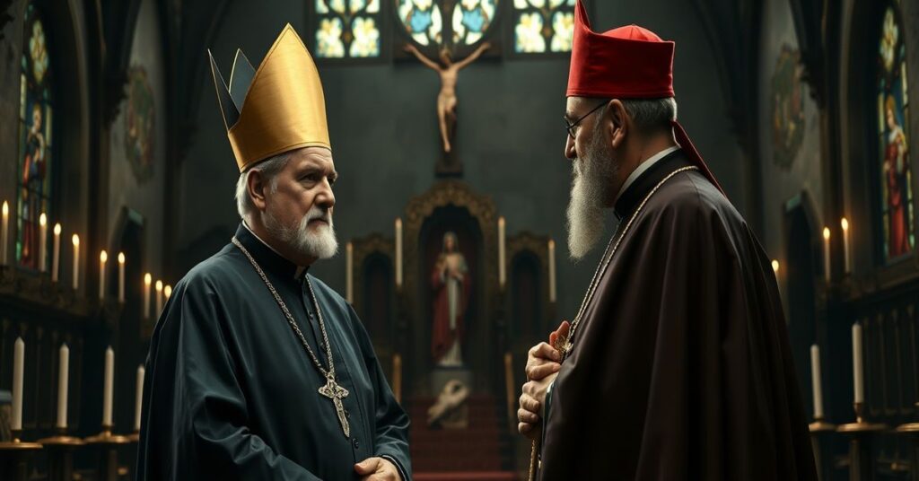 Arcybiskup Sviatoslav Shevchuk z Kościoła Greckokatolickiego Ukraińskiego spotyka się z fałszywym "papieżem" Leonem XIV w tradycyjnym katolickim wnętrzu kościoła.