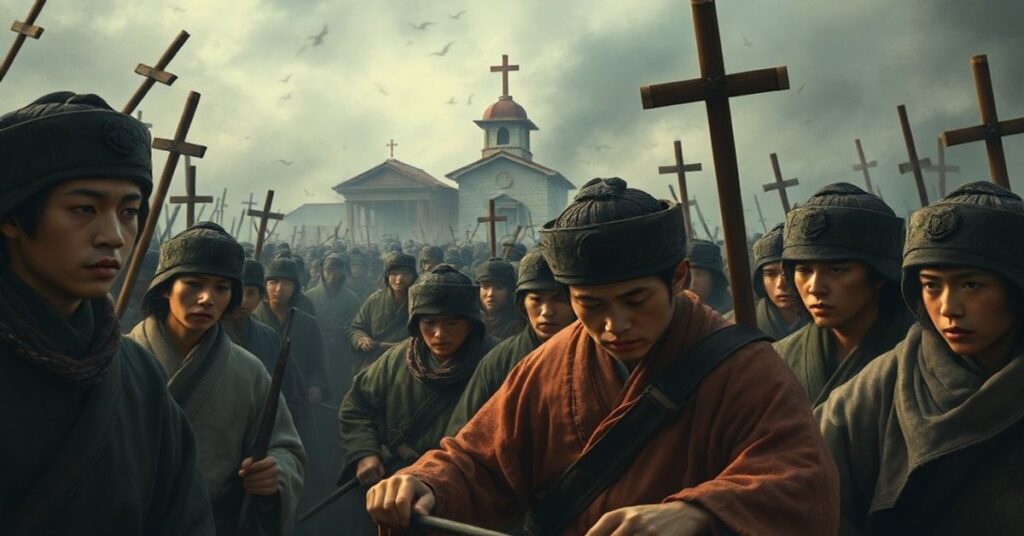 Scena buntu Shimabary (1637-1638) przedstawiona z tradycyjnego katolickiego punktu widzenia