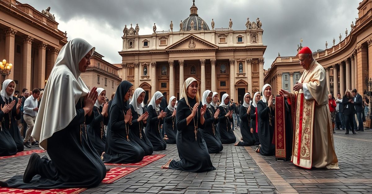 Sidzinanki z fałszywym papieżem - apostazja w Kościele Grupa kobiet Sidzinanki modli się z fałszywym papieżem Leonem XIV na Placu Świętego Piotra podczas modlitwy Anioł Pański.