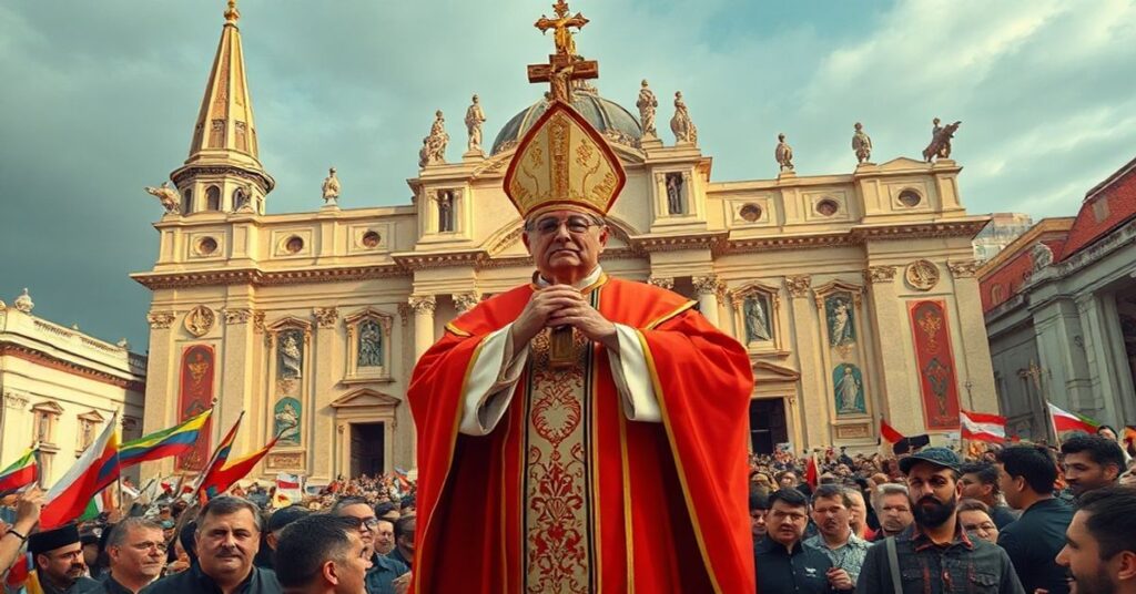 Sedevacantistki biskup w tradycyjnych szatach przed katedrą z krzyżem, mówi do wiernych o kryzysach globalnych