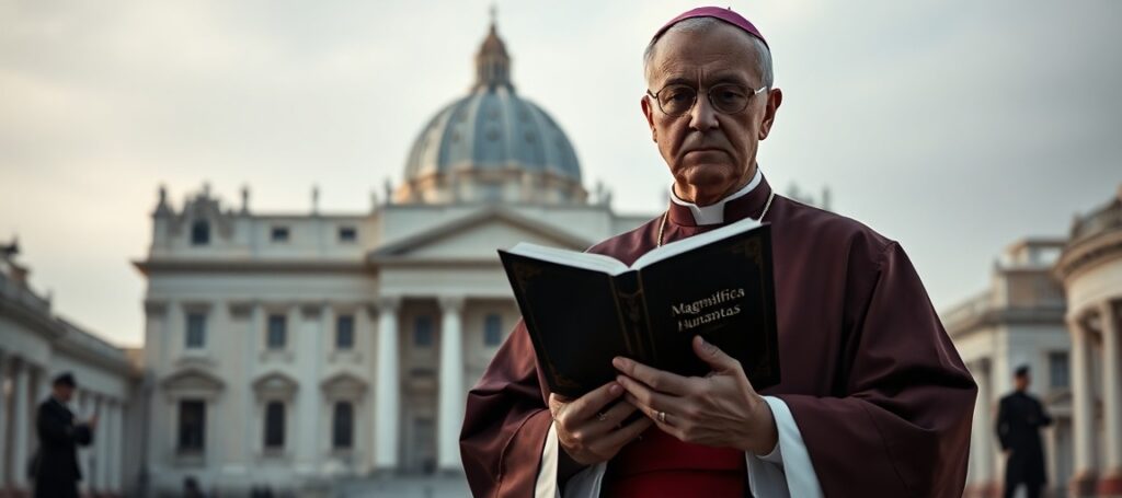 Biskup w tradycyjnym stroju liturgicznym przed pustym Watykanem trzyma dokument 'Magnifica Humanitas' z nieufnym wyrazem twarzy.