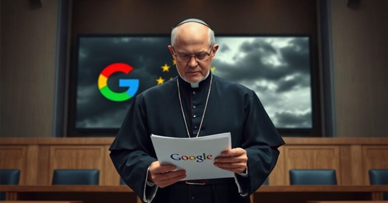 Ksiądz w stroju liturgicznym stoi przed sądem, trzymając dokument Komisji Europejskiej o postępowaniu przeciwko Google.