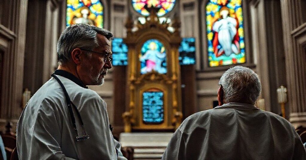 Pusty tron w bazylice św. Piotra symbolizujący siedzewacantyzm, lekarz i pacjent w szpitalu, ekran z danymi AI.