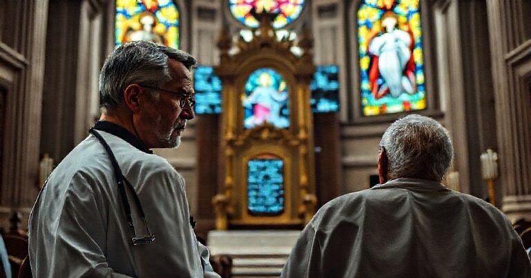 Pusty tron w bazylice św. Piotra symbolizujący siedzewacantyzm, lekarz i pacjent w szpitalu, ekran z danymi AI.
