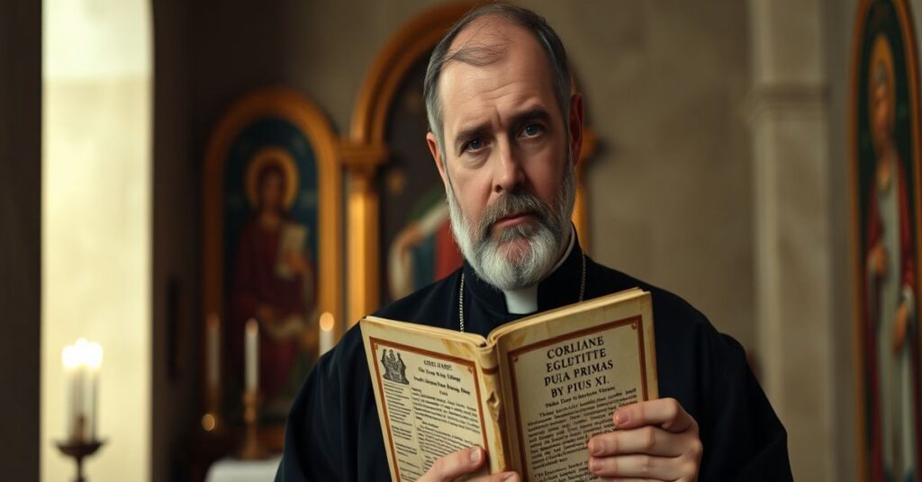 Sedevacantist priest trzymający encyklikę Quas Primas Piusa XI w ciemnym kaplicy, symbolizujący kryzys duchowy współczesnej dyplomacji