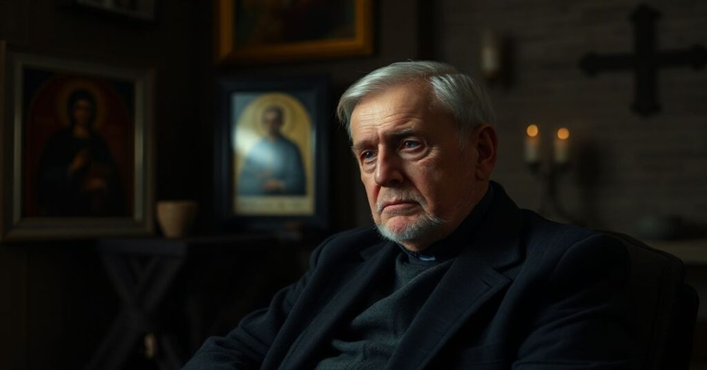 Portret Siergieja Łoznicy podczas wywiadu na tle katolickiej ikonografii, rozważającego temat filmu 'Dwaj prokuratorzy' o stalinowskich czystkach.