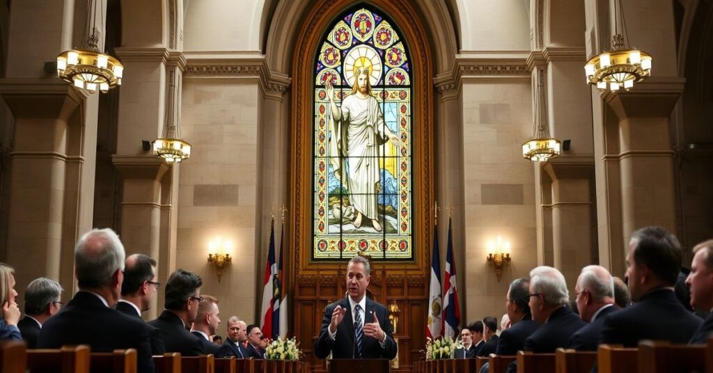Wnętrze katedry z witrażem przedstawiającym Chrystusa Króla, na tle którego politycy dyskutują na konferencji bezpieczeństwa, ignorując duchowe aspekty pokoju.