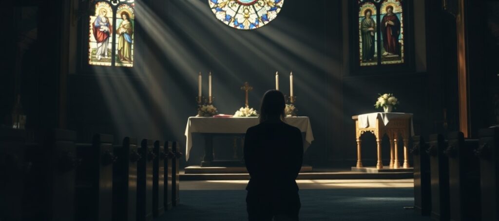 Simcha Fisher w tradycyjnym kościele katolickim przed ołtarzem z Najświętszym Sakramentem