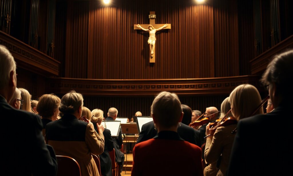 Grupa słuchaczy na koncercie Sinfonietty Cracovii w Filharmonii Krakowskiej z krucyfiksem na scenie
