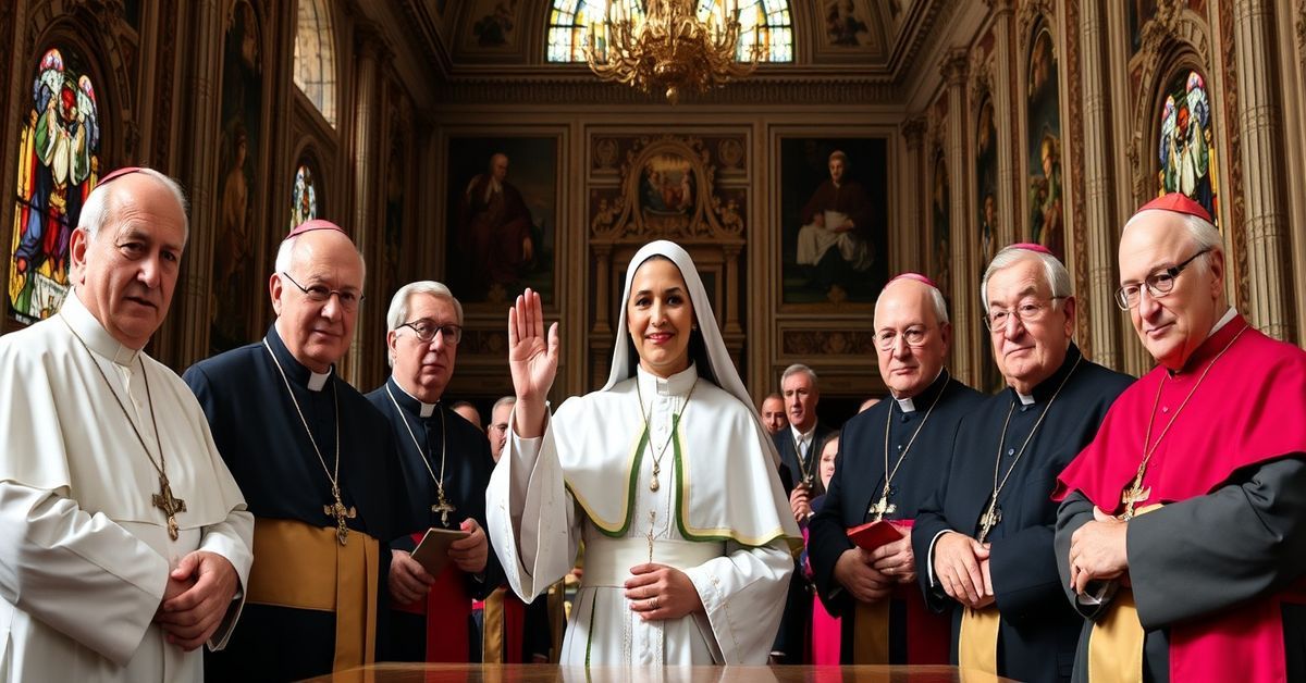 Uroczystość w Watykanie, na której siostra Simonia Brambilla zostaje mianowana członkiem Kongregacji Biskupów. Otaczają ją modernistyczni kardynałowie.