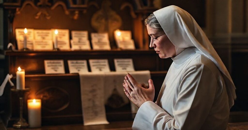 Siostra Christina modli się przed Najświętszym Sakramentem w kontekście akcji „Świętych kartek” skierowanej do pracowników klinik aborcyjnych.