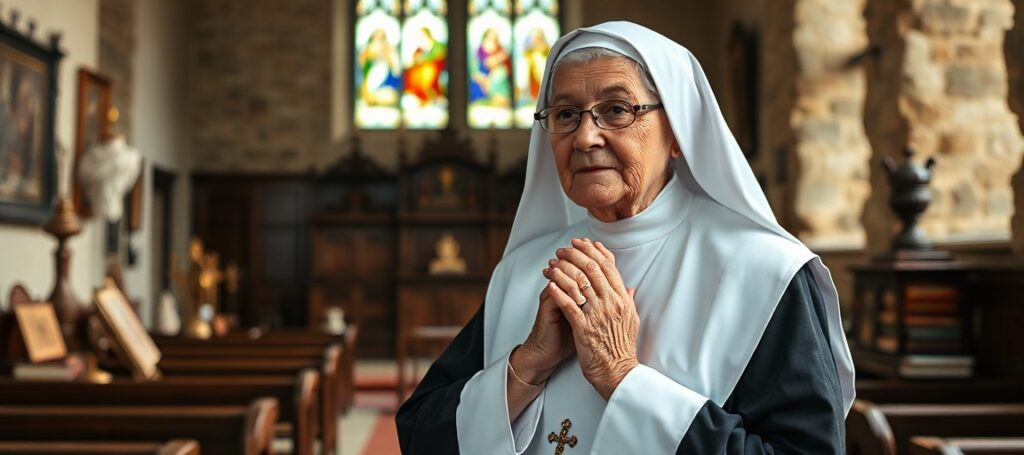 Zdjęcie przedstawia 113-letnią siostrę Francis Dominici Piscatellę w tradycyjnym klasztorze katolickim.