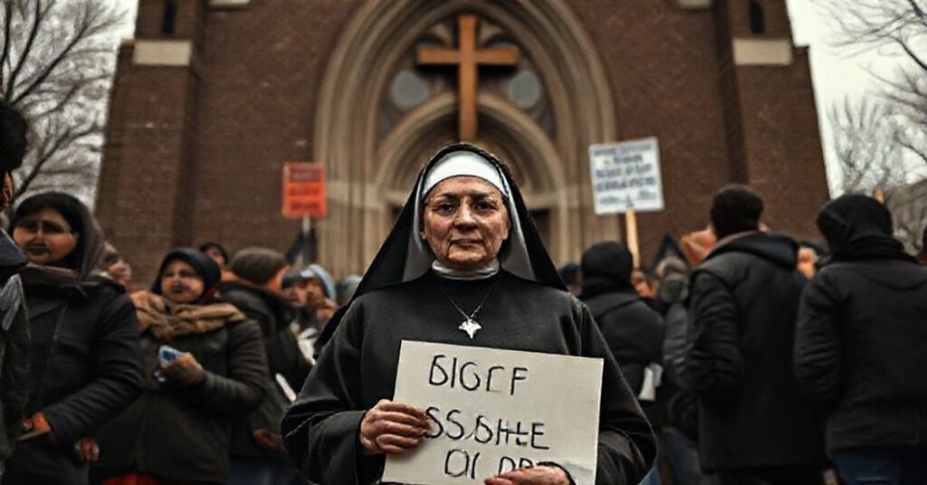 Realistyczne zdjęcie 'siostry' JoAnn Persch przed Su Casa Catholic Worker House w Chicago, symbolizujące modernistyczny aktywizm bez Krzyża