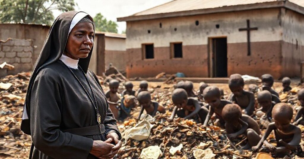 Siostra w tradycyjnym habicie stojąca wśród biednych dzieci w slumsach Nairobi, symbolizująca humanitaryzmu bez duchowej misji