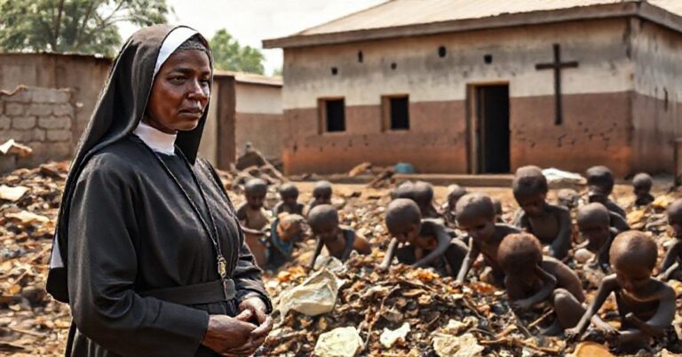 Siostra w tradycyjnym habicie stojąca wśród biednych dzieci w slumsach Nairobi, symbolizująca humanitaryzmu bez duchowej misji