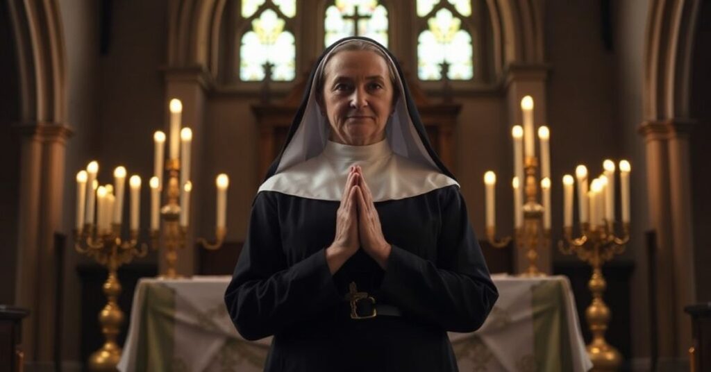 Sióstrą M. Józefiny Kowalewskiej OSBap stojącą przed tradycyjnym ołtarzem katolickim, modląca się w ciemnym kościele gotyckim.